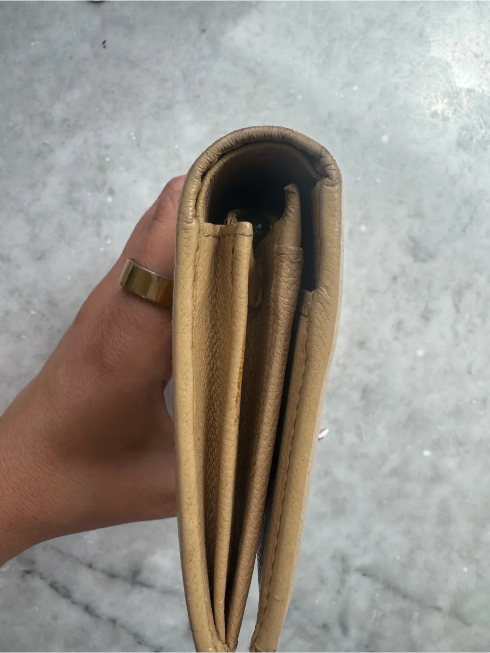 CHANEL Beige Leather Long Wallet with Gold CC Button